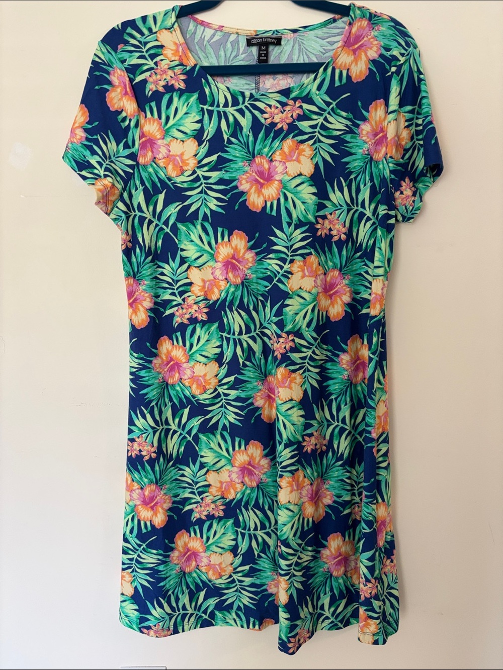 Allison Brittney Navy Floral Tropical Short-Sleeve Midi Dress
